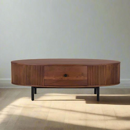 Paloma Coffee Table - Fluted Acacia Wood - Curved - 1 Drawer