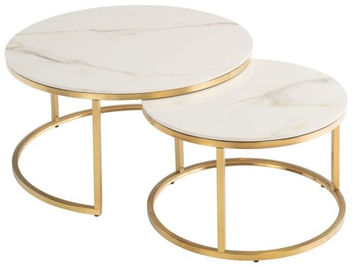 Portafino Kass Gold Marble Effect and Gold Round Coffee Table - Set of 2