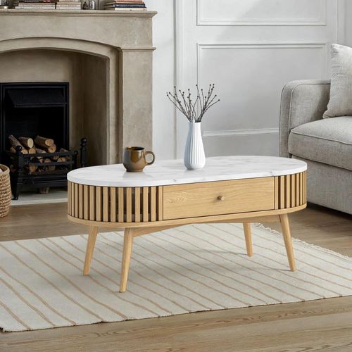 Soho Oak Coffee Table - 1 Drawer - Oval Slatted - White Marble Top