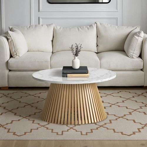 Soho Oak Coffee Table - Slatted Round - White Marble Top