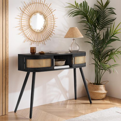 Noah Console Table - 110cm - Black and Rattan