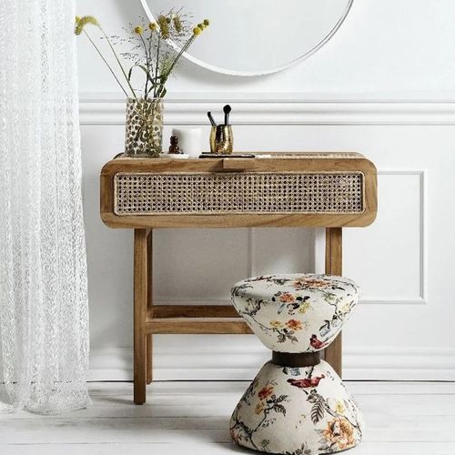 Merge Teak Wood Rattan with Glass Console Table with Glass Top