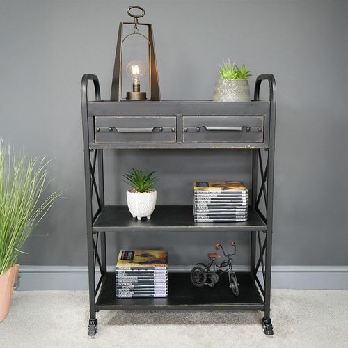Hall Table - 2 Drawer - Black Distressed - Metal & Wood