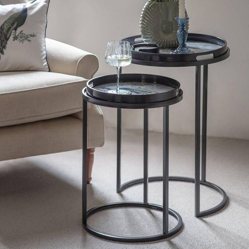 Libra Laura Ashley Belvedere Peacock Blue Round Side Tray Table - Set of 2