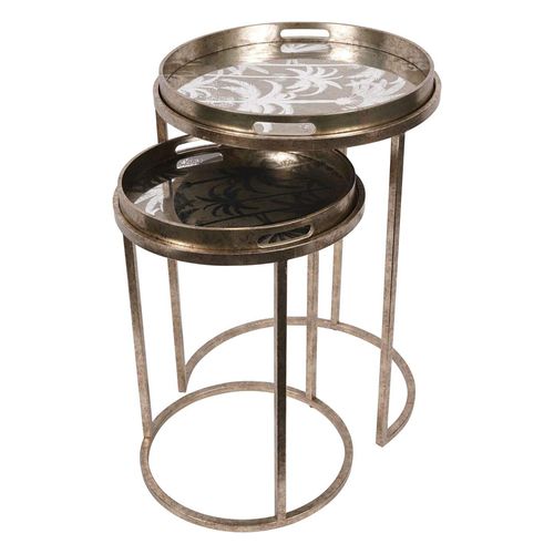 Libra Palm Tree Gold Metal Round Side Tray Table - Set of 2
