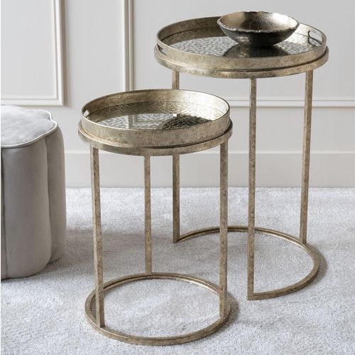 Libra Vienna Gold Diamond Metal Round Side Tray Table - Set of 2