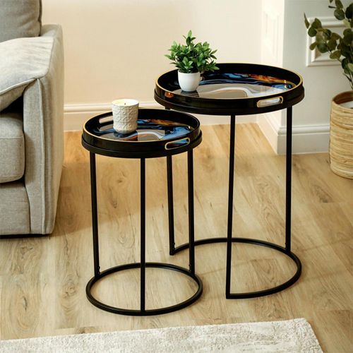 Olin Black and Blue Glass Round Nest of 2 Tray Tables