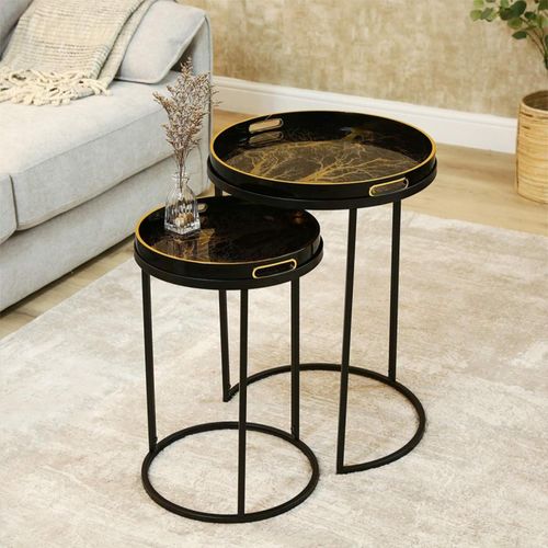 Olin Black and Gold Glass Round Nest of 2 Tray Tables