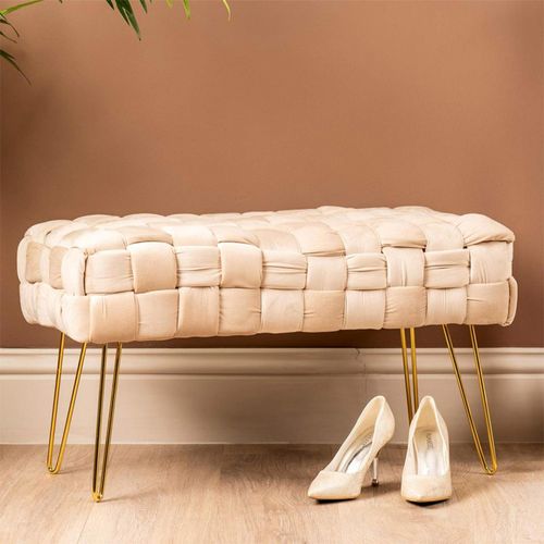 Hall Bench - Dark Cream Velvet Fabric and Gold Hairpin Legs