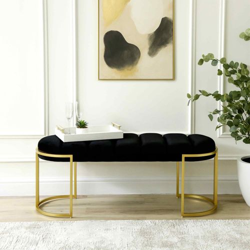 Hall Bench - Oval Large - Black Velvet Fabric and Gold Metal