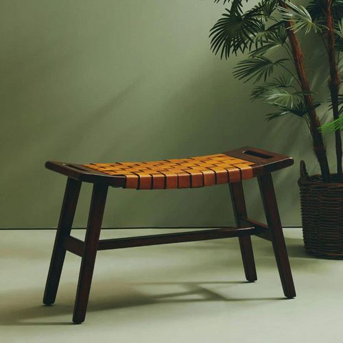 Inca Bench - Brown Leather with Teak Wood - Small Strapped