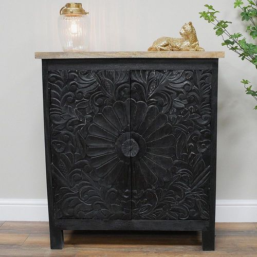 Hall Cabinet - Black - Carved Mango Wood - 2 Door