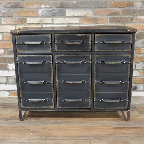 Cabinet - 3 Door - 3 Drawer - Black Metal - Industrial