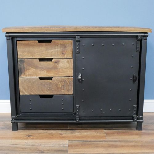 Sliding Door Cabinet - Black Metal and Mango Wood