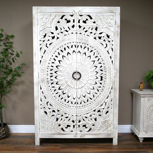 Hall Cabinet - White Washed Carved Mango Wood