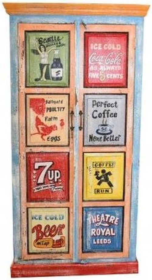 Kufri Hand Painted Tall Vintage Ad 2 Door Cabinet