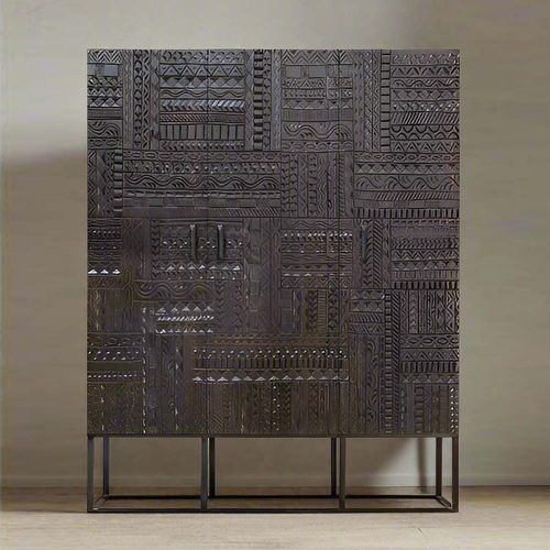 Macedonia Hall Cabinet - Carved Dark Mango Wood - 3 Door