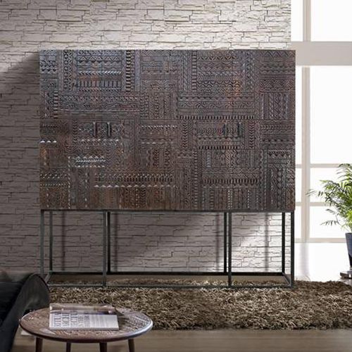 Macedonia Hall Cabinet - Carved Dark Mango Wood - 4 Door - Large