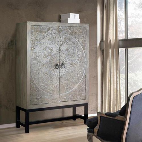 Scarlet Hall Cabinet - Grey Carved Mango Wood - 2 Door