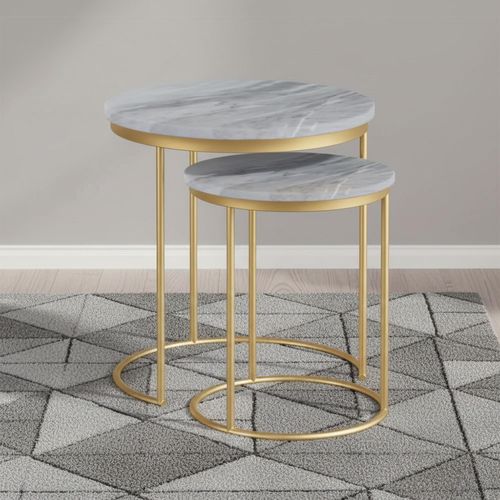 Marmora Grey Marble and Gold Round Nest of 2 Tables