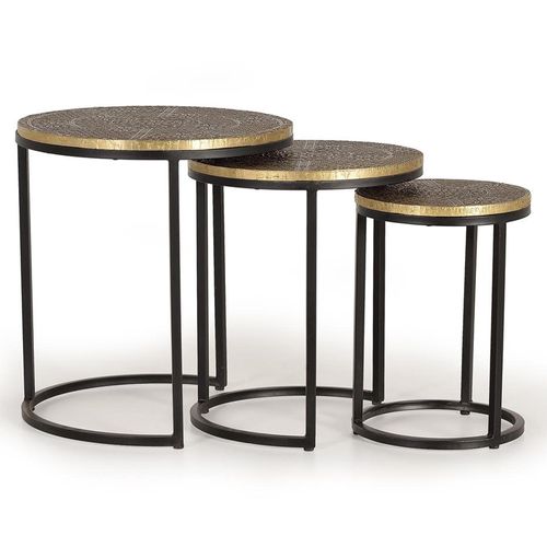 Wampembe Carved Bronze Metal Round Nest of 3 Tables