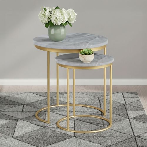 Marmora Nest of Tables - Round - Set of 2 - Grey Marble & Gold