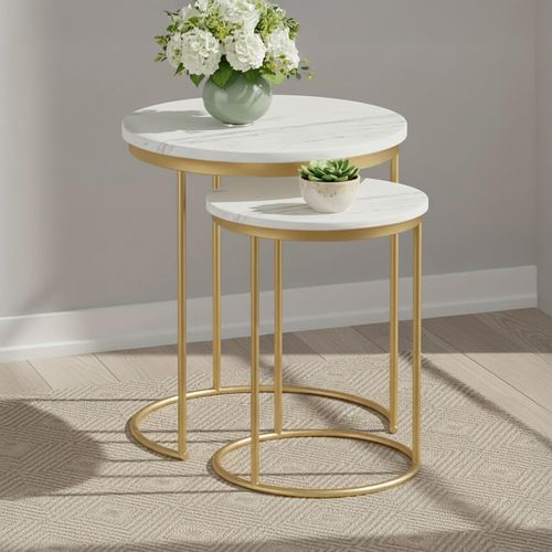 Marmora Nest of Tables - Round - Set of 2 - White Marble & Gold