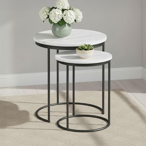 Marmora Nest of Tables - Round - Set of 2 - White Marble & Grey