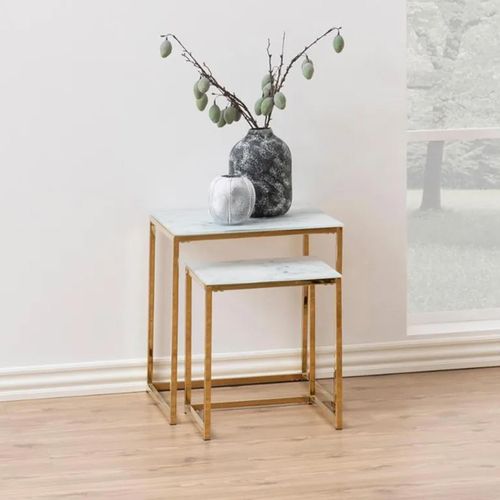 Clearance - Alisma Nest of 2 Tables - White Marble Effect and Gold - A407