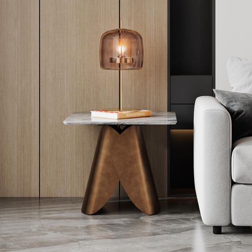 Enterprise Grey Marble Square Side Table with Brass Base
