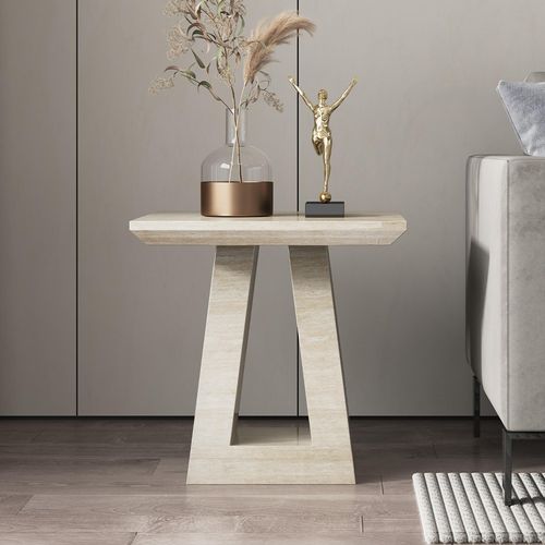 Milan Travertine Beige Engineered Marble Square Side Table
