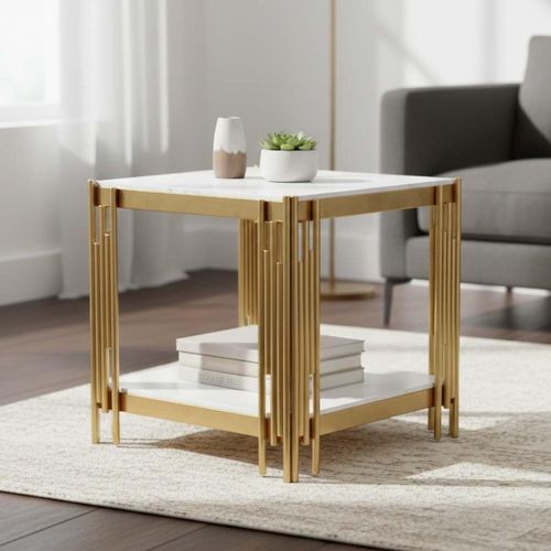 Belini End Table  White Sintered Stone and Gold