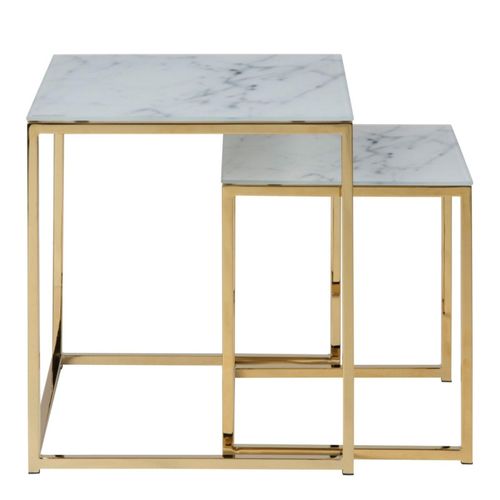 Alisma White Marble Effect Nest of 2 Tables with Gold Legs