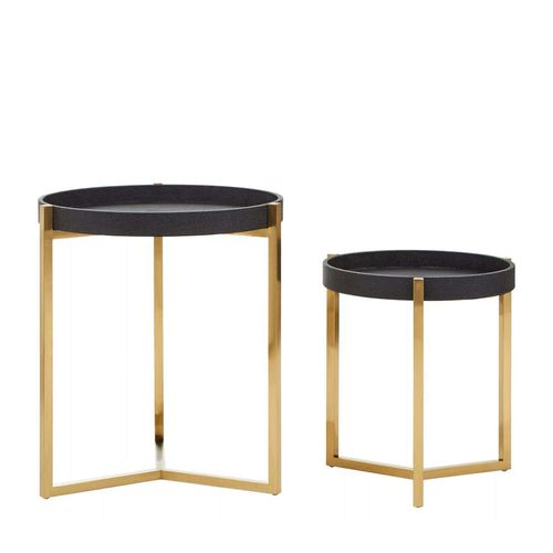 Cardoba Side Tables - Set of 2 - Black Faux Shagreen with Gold Legs - Round