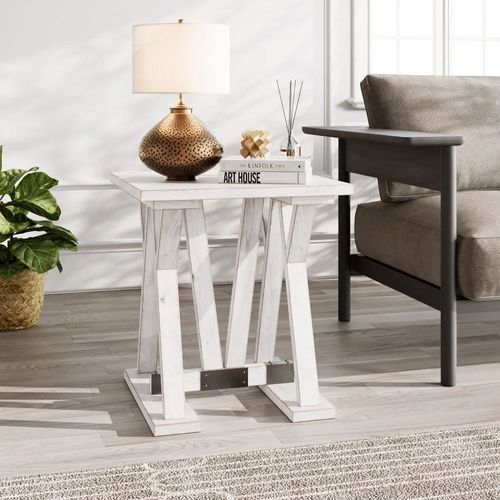 Clearance - Farmhouse Mango Wood White Washed Trestle Side Table - Brand New Item