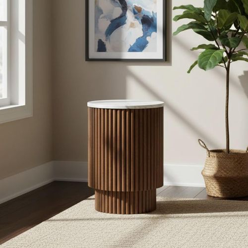 Harvard Side Table - Round Fluted - White Marble Top
