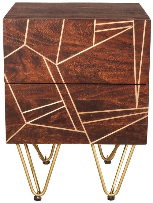 Kaza Dark Mango Wood 2 Drawer Side Table - Hairpin Legs with Gold Geometric Inlay