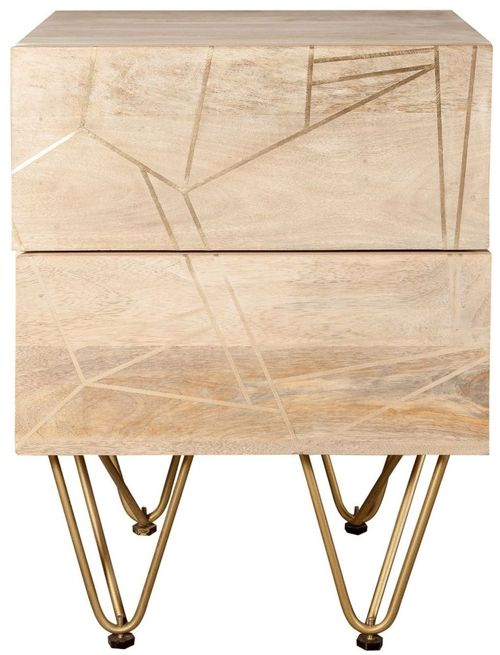 Kaza Light Mango Wood 2 Drawer Side Table - Hairpin Legs with Gold Geometric Inlay
