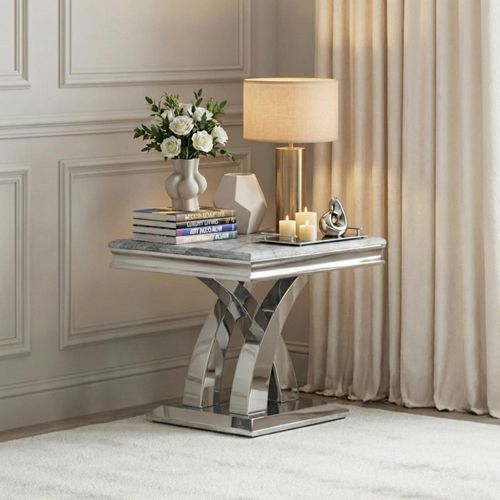 Lisbon Grey Marble and Chrome Square Lamp Table