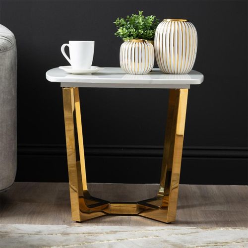 Meghan End Table - Square - White Marble Effect and Gold Metal
