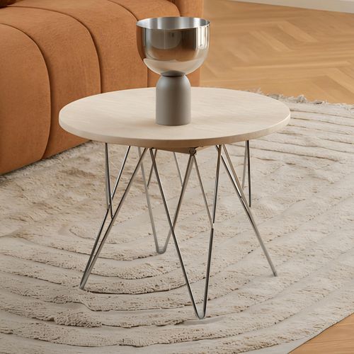 Prunus Side Table - Round - Beige Travertine Effect - with Chrome Hairpin Legs