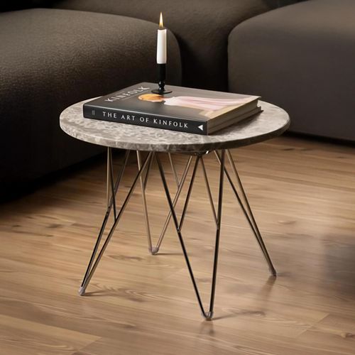 Prunus Side Table - Round - Brown Marble - with Chrome Hairpin Legs