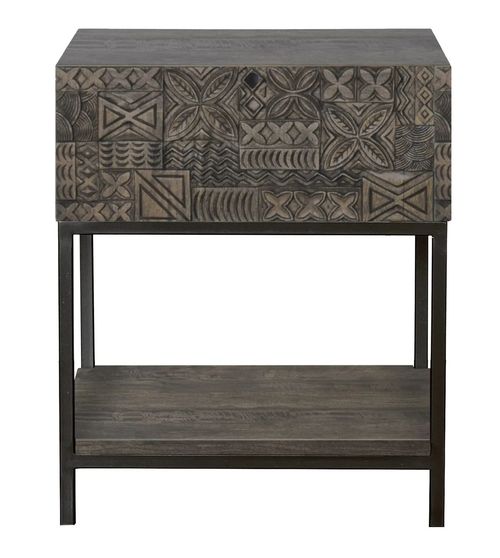 Sahara Black Washed Carved Mango Wood 1 Drawer Side Table