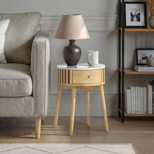 Soho Oak Side Table - 1 Drawer - Round Slatted - White Marble Top