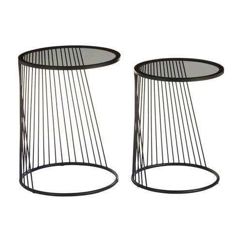 Trento Side Tables - Set of 2 - Glass Round with Black Metal Base