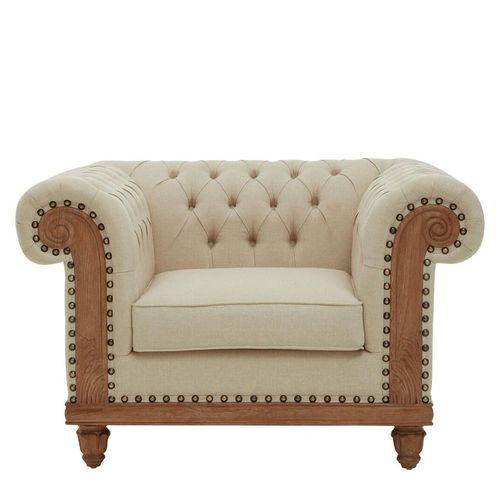 Cabra Chesterfield Armchair - Cream Fabric with Mahogany Wood