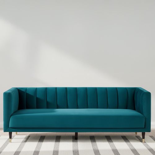 Salma Teal Fabric Sofa - 3 Seater - Scalloped Back