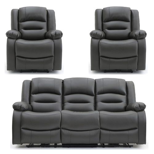 Alva Electric Recliner Sofa Set - Grey Faux Leather - 3+1+1 Seater