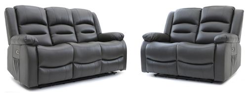 Alva Electric Recliner Sofa Set - Grey Faux Leather - 3+2 Seater