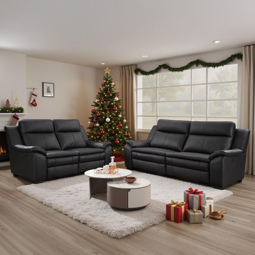 Boston Electric Recliner Sofa Set - Black Leather - 3+2 Seater